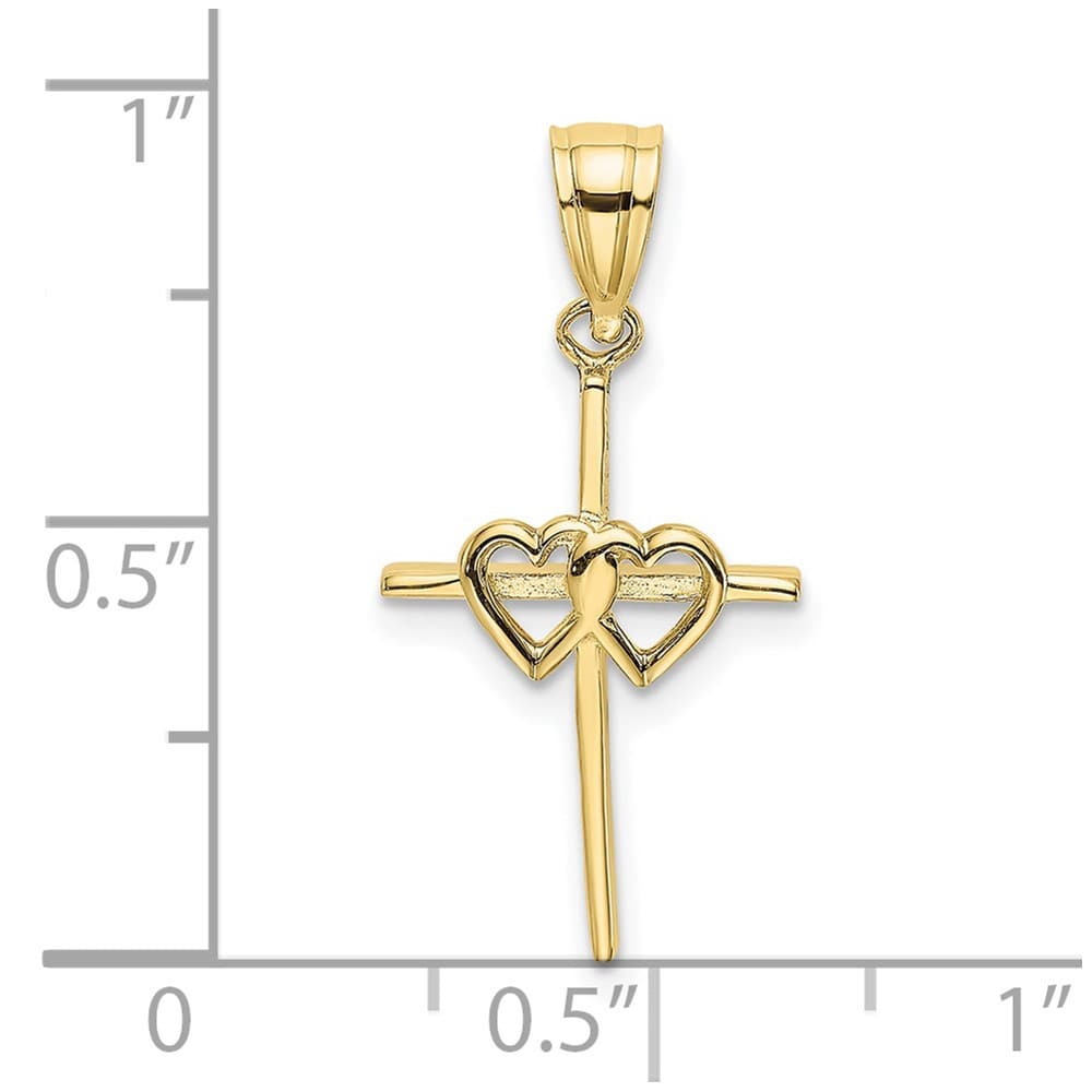 10K Yellow Gold Polished Medium Double Hearts on Stick Cross Charm