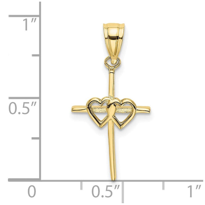 10K Yellow Gold Polished Medium Double Hearts on Stick Cross Charm