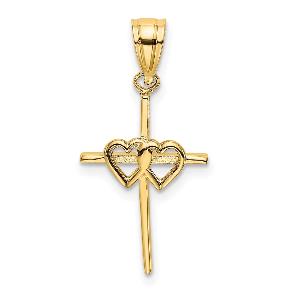 10K Yellow Gold Polished Medium Double Hearts on Stick Cross Charm