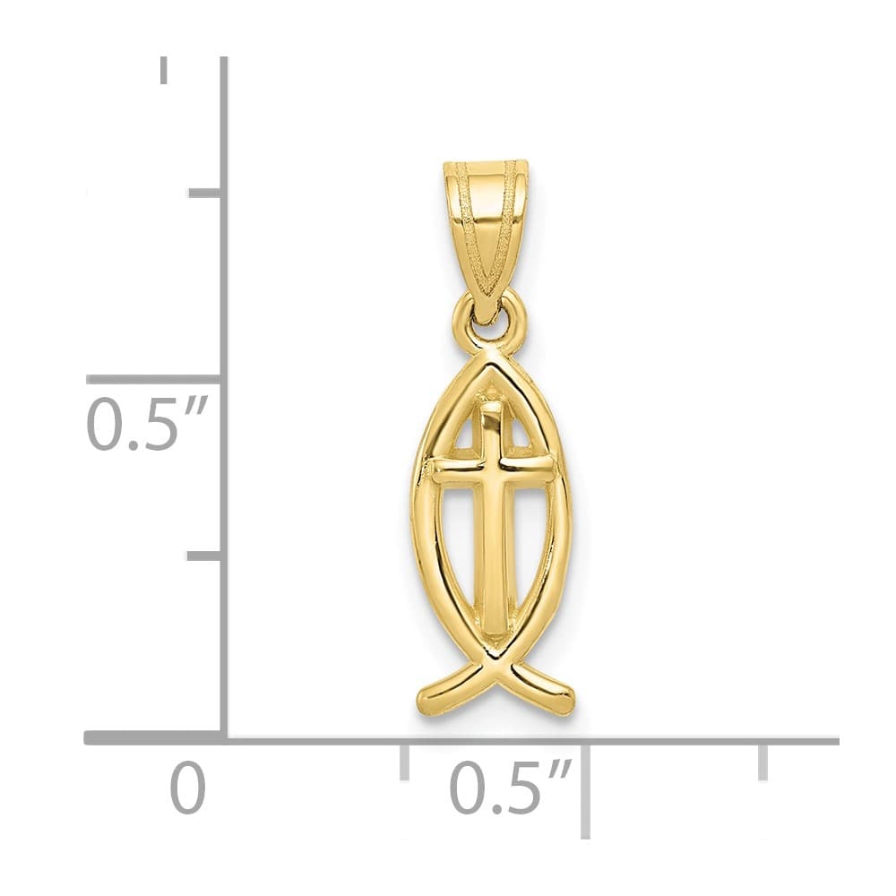 10K Yellow Gold Polished Medium Ichthus Fish with Cross Center Charm