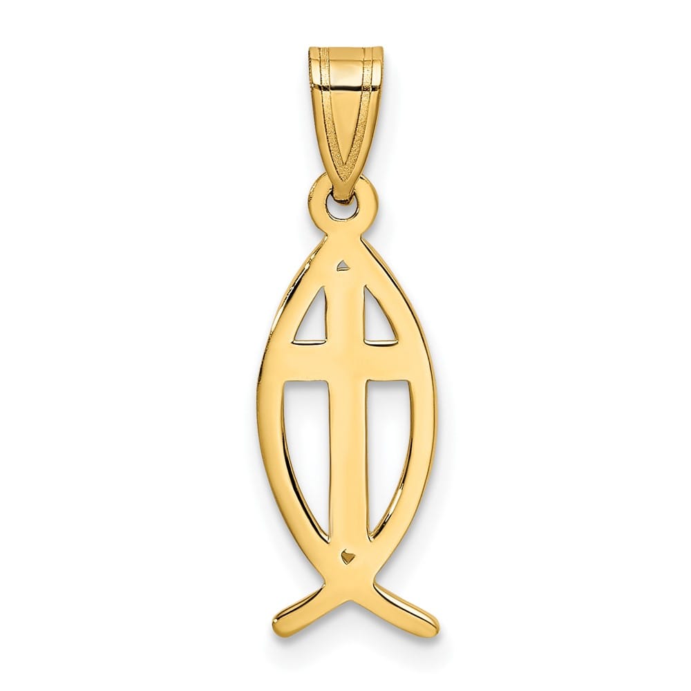 10K Yellow Gold Polished Medium Ichthus Fish with Cross Center Pendant