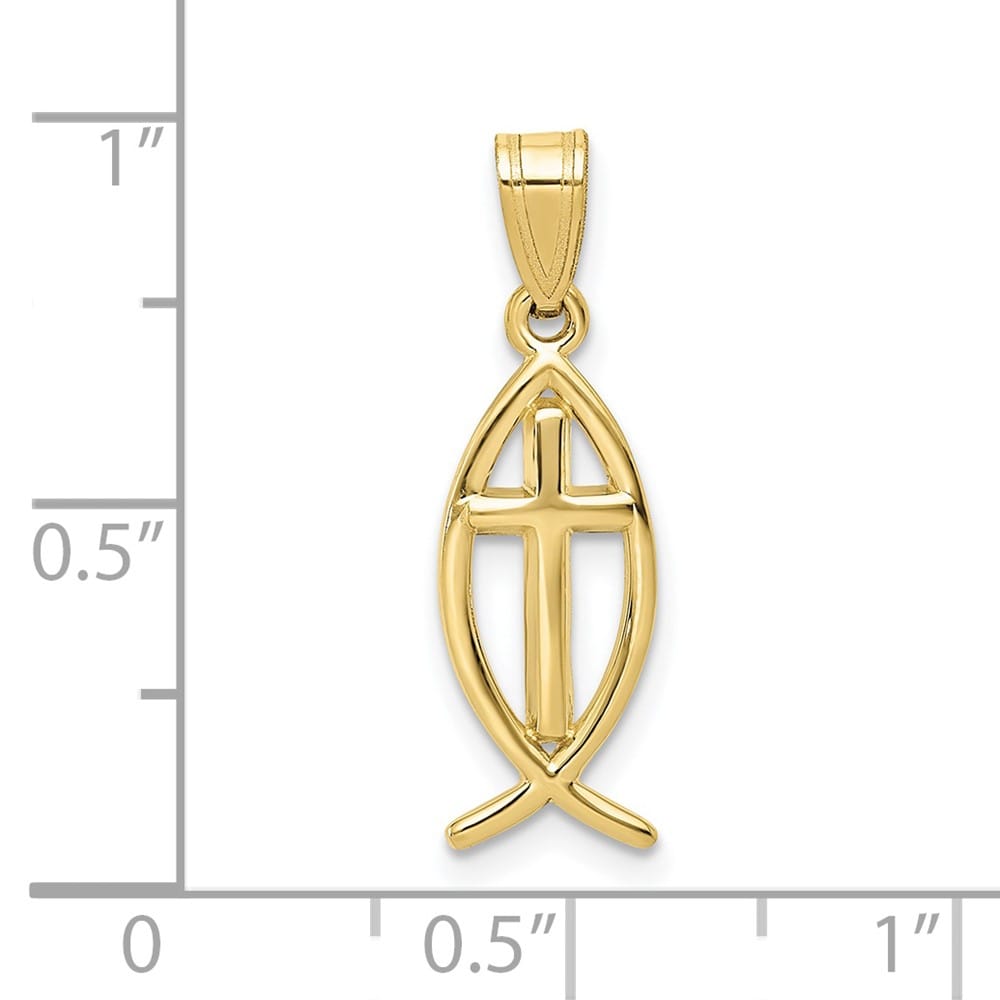 10K Yellow Gold Polished Medium Ichthus Fish with Cross Center Pendant