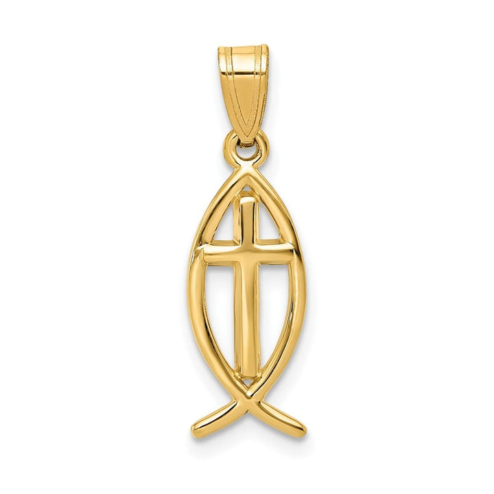 10K Yellow Gold Polished Medium Ichthus Fish with Cross Center Pendant