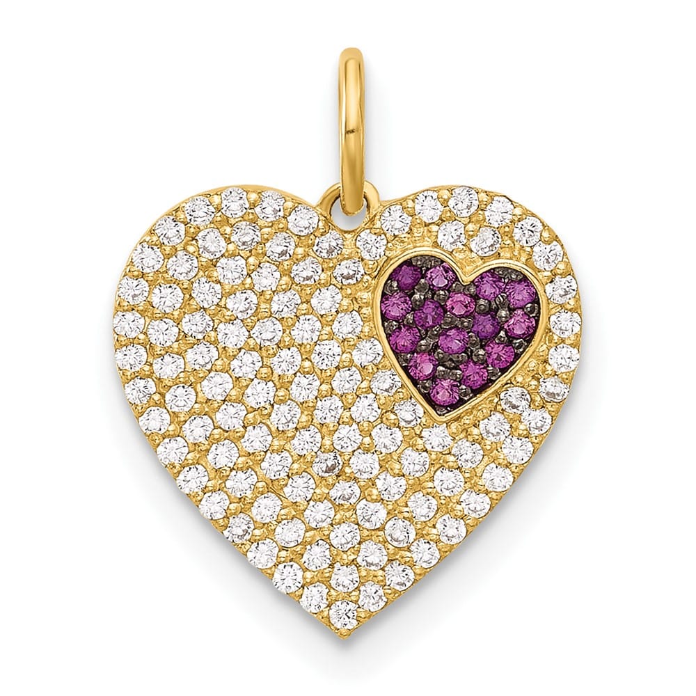 10K Yellow Gold Polished Medium Micro-Pave Clear and Red CZ Charm
