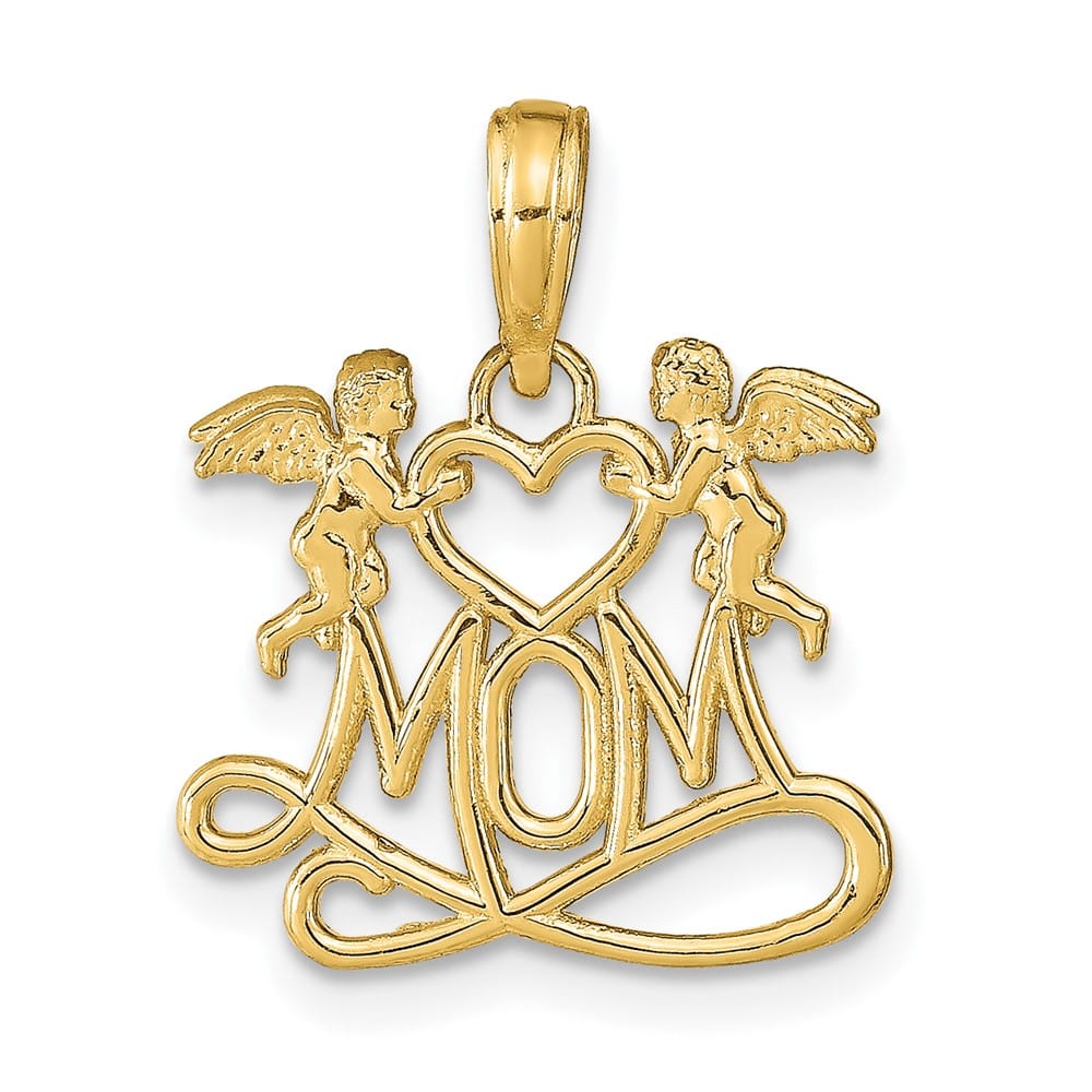 10K Yellow Gold Polished Medium MOM with Heart and Angels Pendant