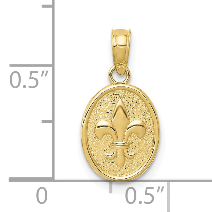 10K Yellow Gold Polished Small Fleur De Lis in Oval Pendant