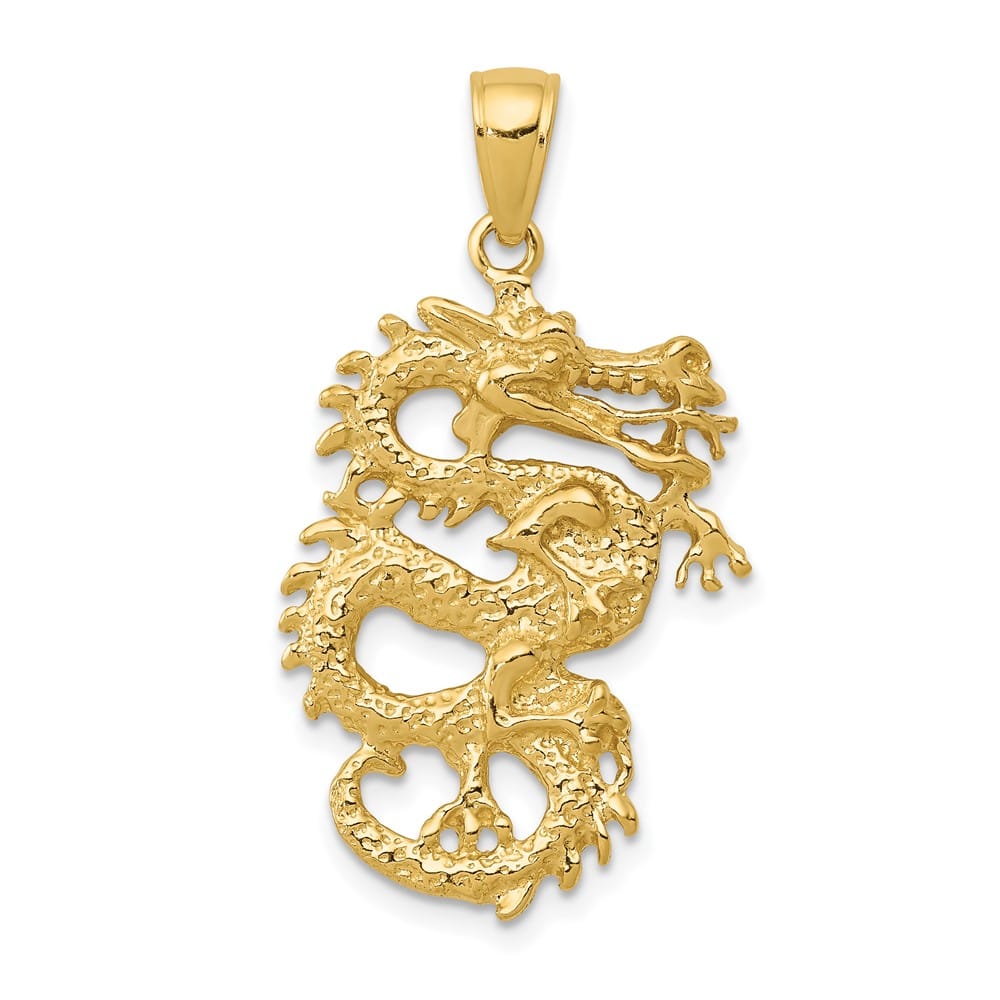 10K Yellow Gold Polished Solid 3-D Large Dragon Pendant
