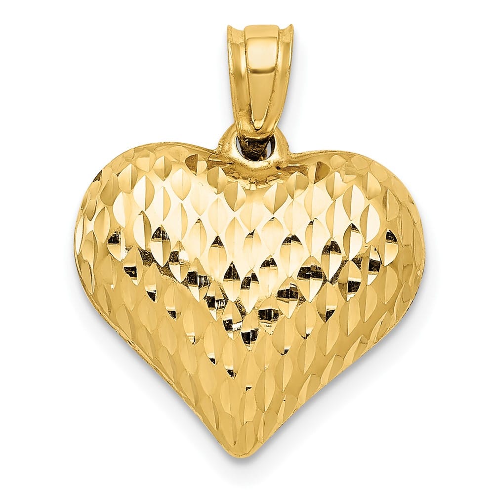 10K Yellow Gold Polished Textured 3-D Medium Puffed Heart Pendant