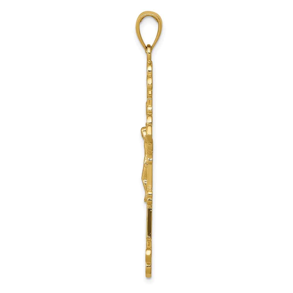 10K Yellow Gold Polished Textured Crucifix Fleur de Lis Pendant