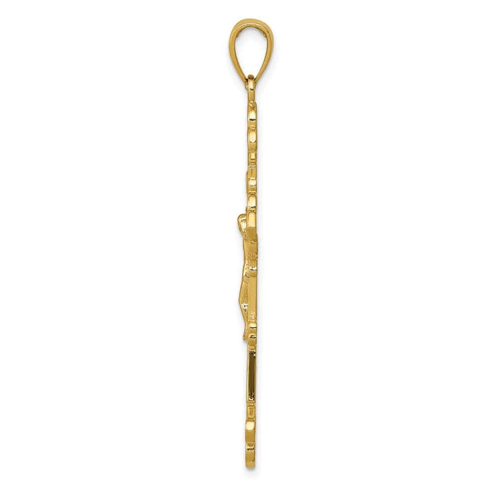 10K Yellow Gold Polished Textured Crucifix Fleur de Lis Pendant