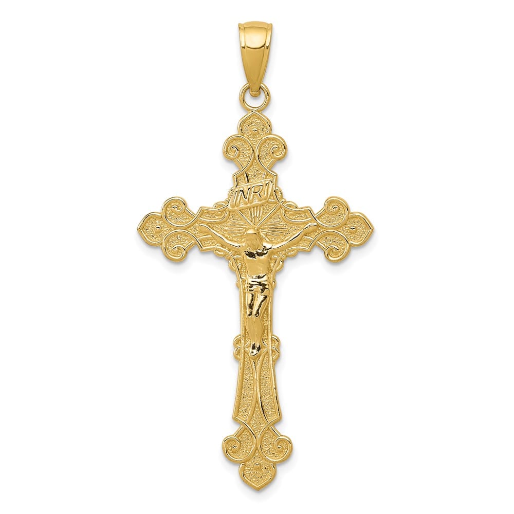 10K Yellow Gold Polished Textured Crucifix Fleur de Lis Pendant