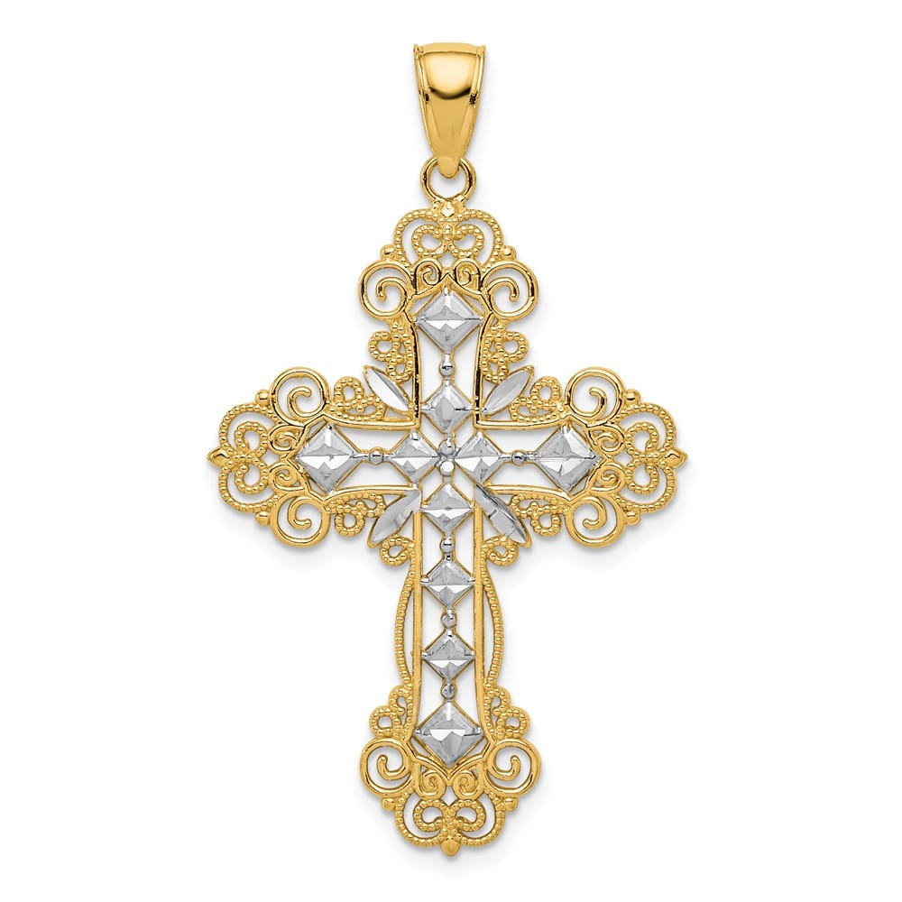 10K Yellow Gold Polished Textured Extra Large Diamond Cross Pendant