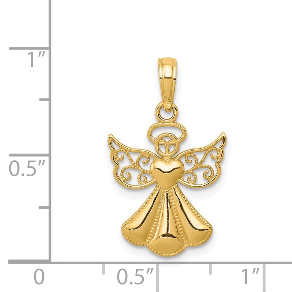10K Yellow Gold Polished Textured Guardian Angel with Heart Pendant