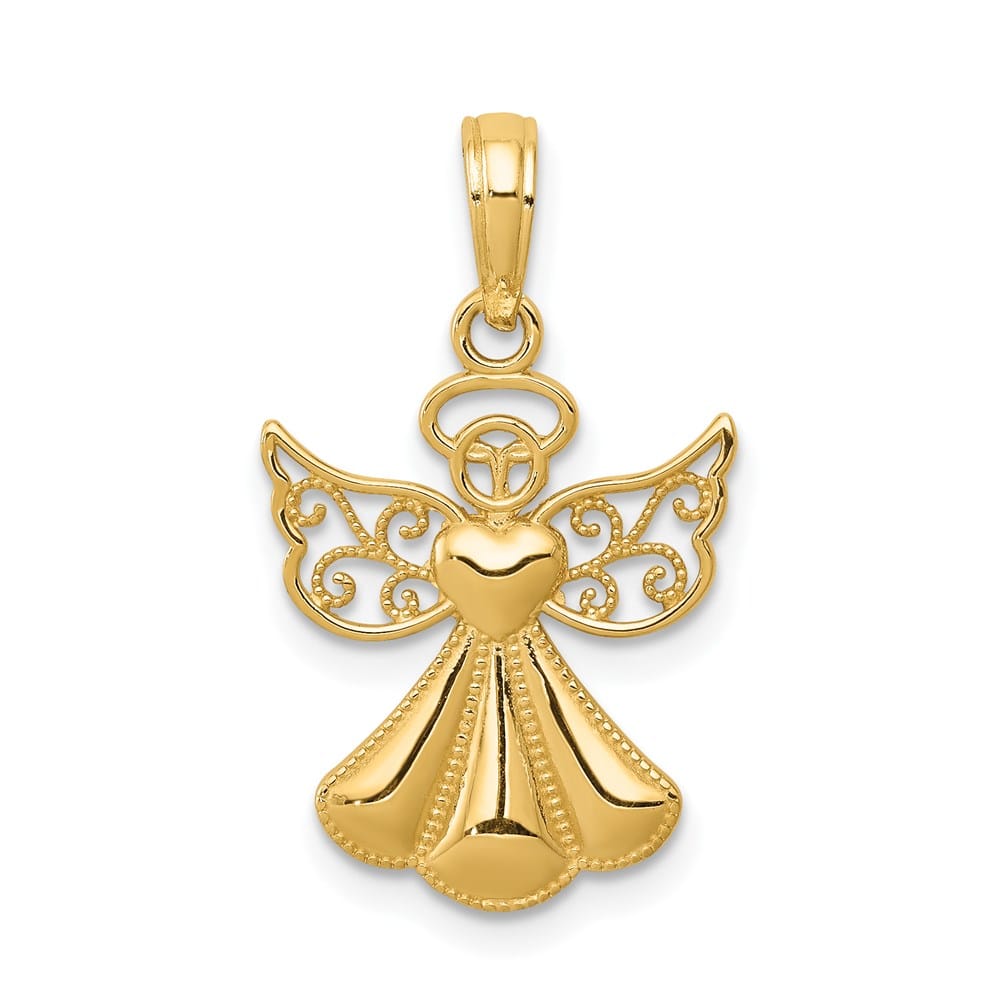 10K Yellow Gold Polished Textured Guardian Angel with Heart Pendant