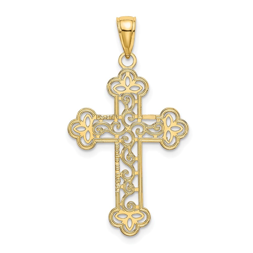 10K Yellow Gold Polished Textured Large Beaded Edge Budded Cross Charm