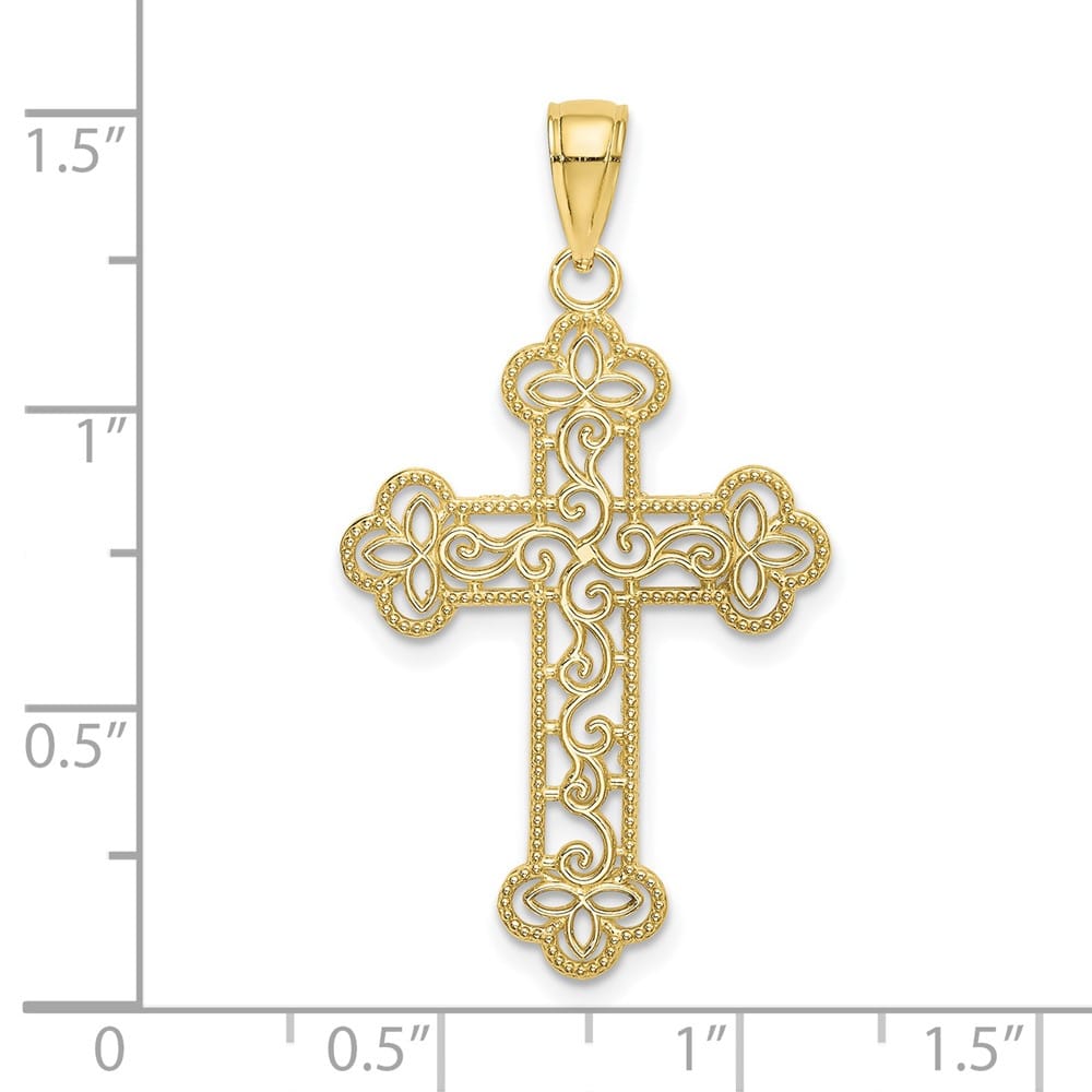 10K Yellow Gold Polished Textured Large Beaded Edge Budded Cross Charm