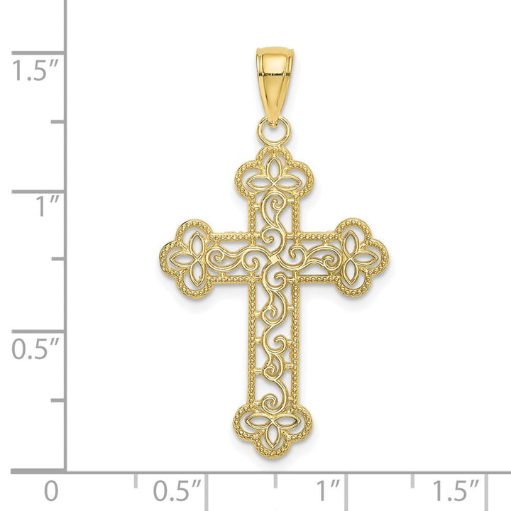 10K Yellow Gold Polished Textured Large Beaded Edge Budded Cross Charm