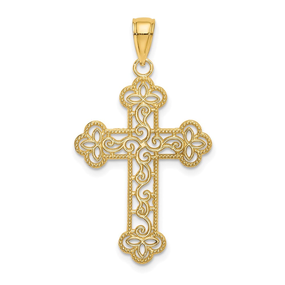 10K Yellow Gold Polished Textured Large Beaded Edge Budded Cross Charm