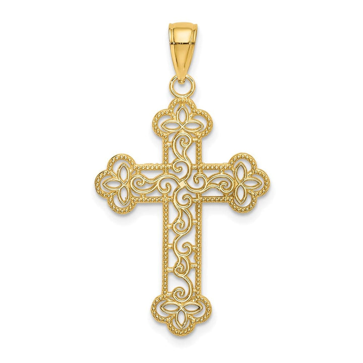 10K Yellow Gold Polished Textured Large Beaded Edge Budded Cross Charm