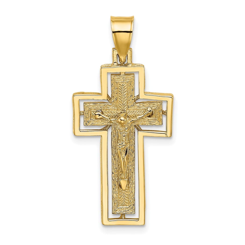 10K Yellow Gold Polished Textured Large Crucifix with Frame Charm