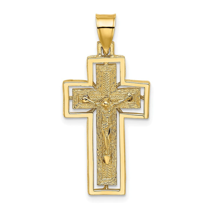 10K Yellow Gold Polished Textured Large Crucifix with Frame Charm