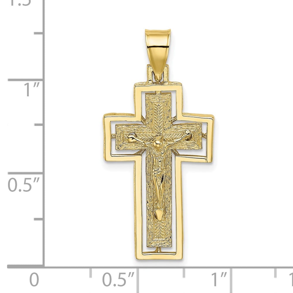 10K Yellow Gold Polished Textured Large Crucifix with Frame Charm
