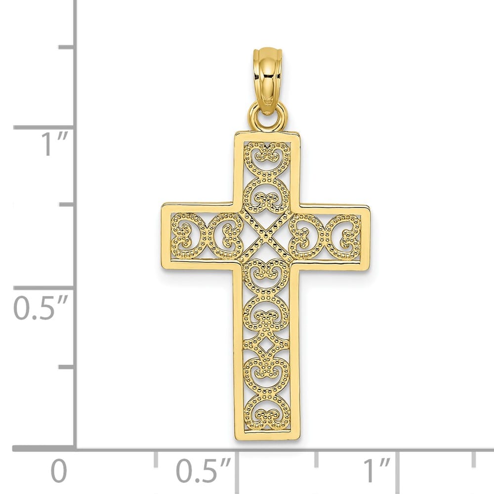 10K Yellow Gold Polished Textured Large Filigree Center Cross Charm