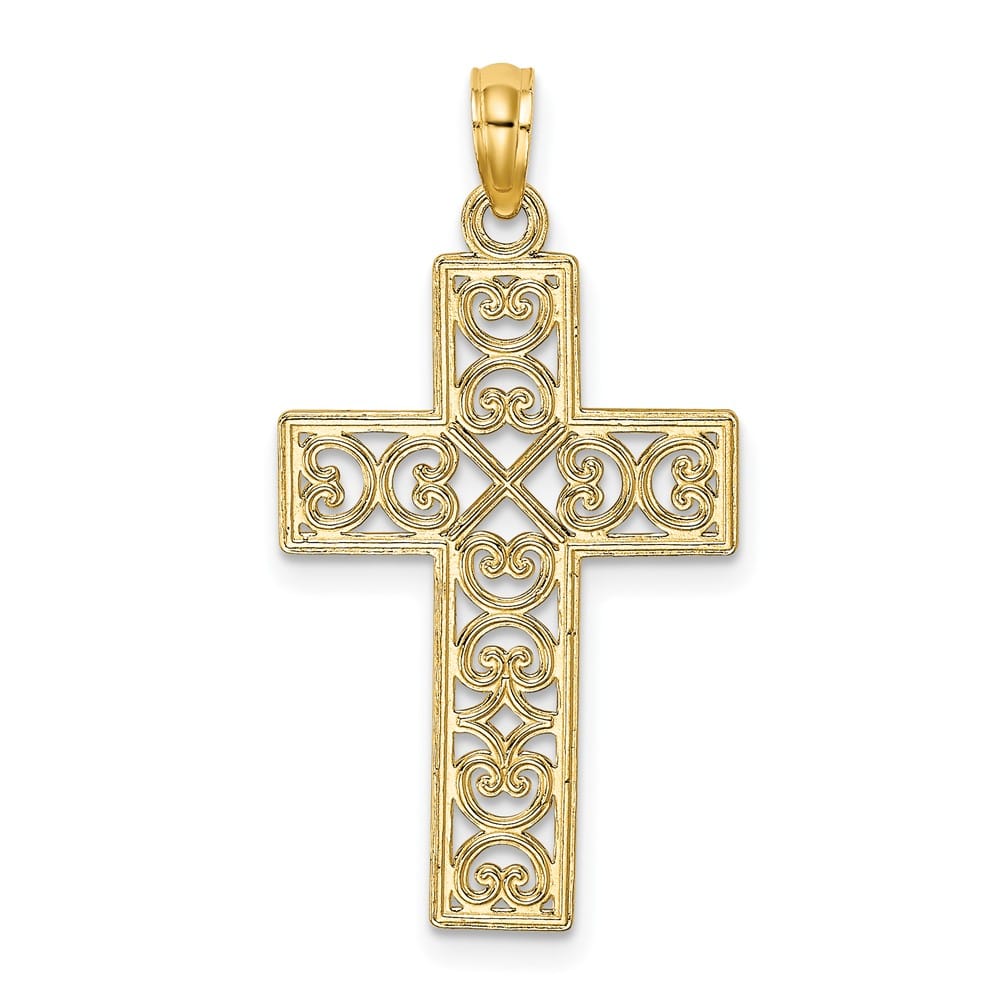 10K Yellow Gold Polished Textured Large Filigree Center Cross Charm