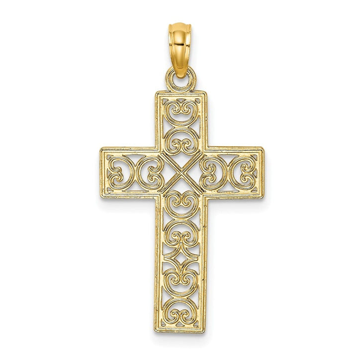 10K Yellow Gold Polished Textured Large Filigree Center Cross Charm