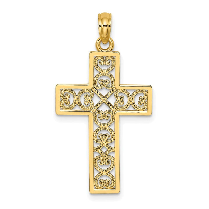 10K Yellow Gold Polished Textured Large Filigree Center Cross Charm