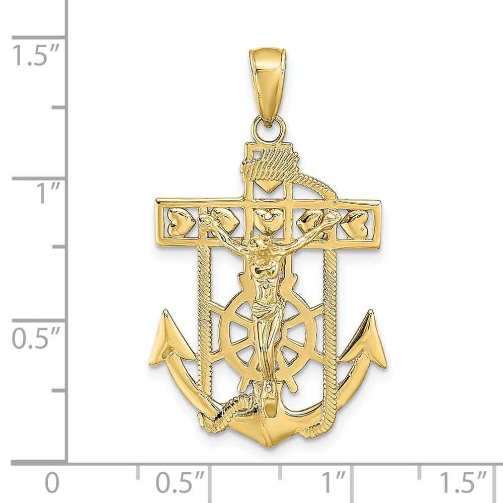 10K Yellow Gold Polished Textured Large Mariner's Crucifix Pendant