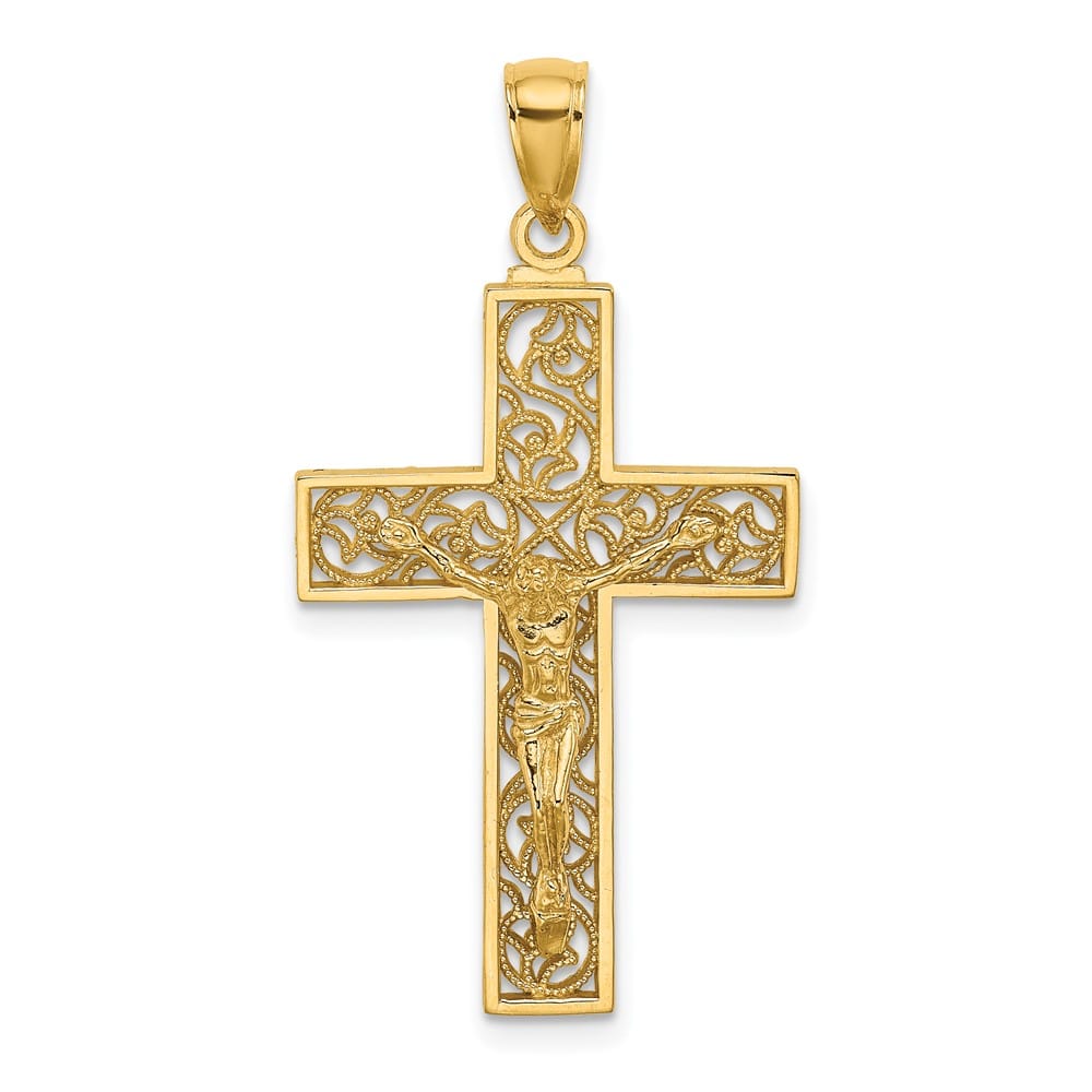 10K Yellow Gold Polished Textured Large Swirl Design Crucifix Charm