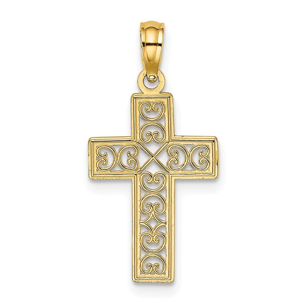 10K Yellow Gold Polished Textured Medium Filigree Center Cross Charm