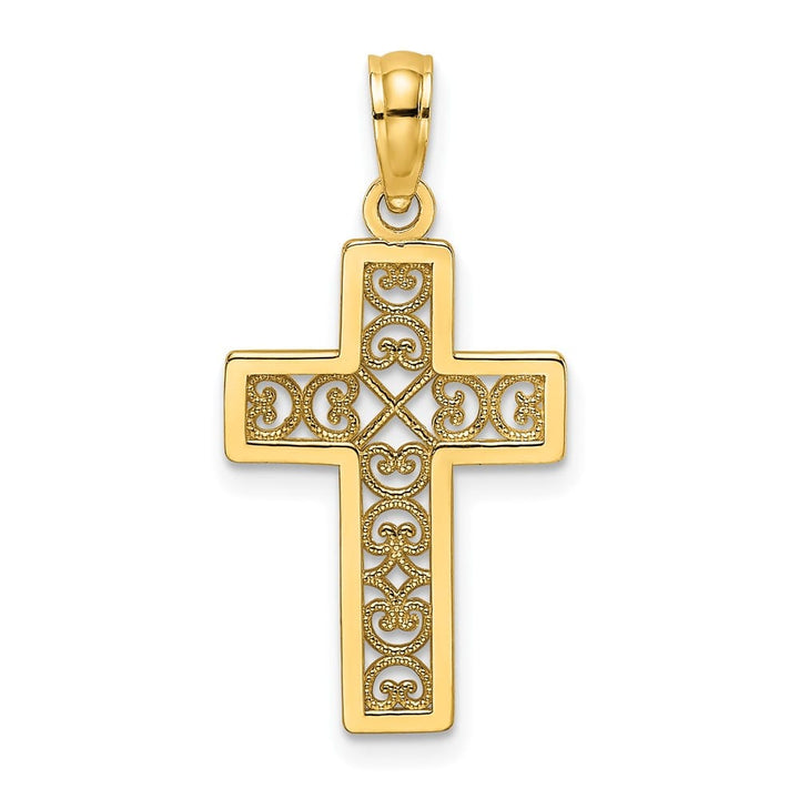 10K Yellow Gold Polished Textured Medium Filigree Center Cross Charm