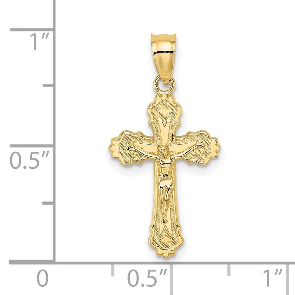 10K Yellow Gold Polished Textured Medium Scalloped Edge Crucifix Charm