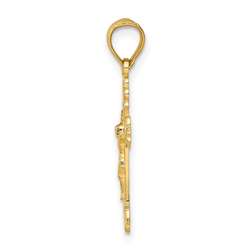 10K Yellow Gold Polished Textured Medium Scalloped Edge Crucifix Charm