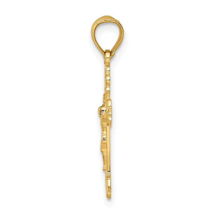 10K Yellow Gold Polished Textured Medium Scalloped Edge Crucifix Charm