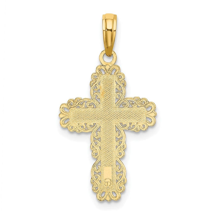 10K Yellow Gold Polished Textured Medium with Lace Trim Cross Charm