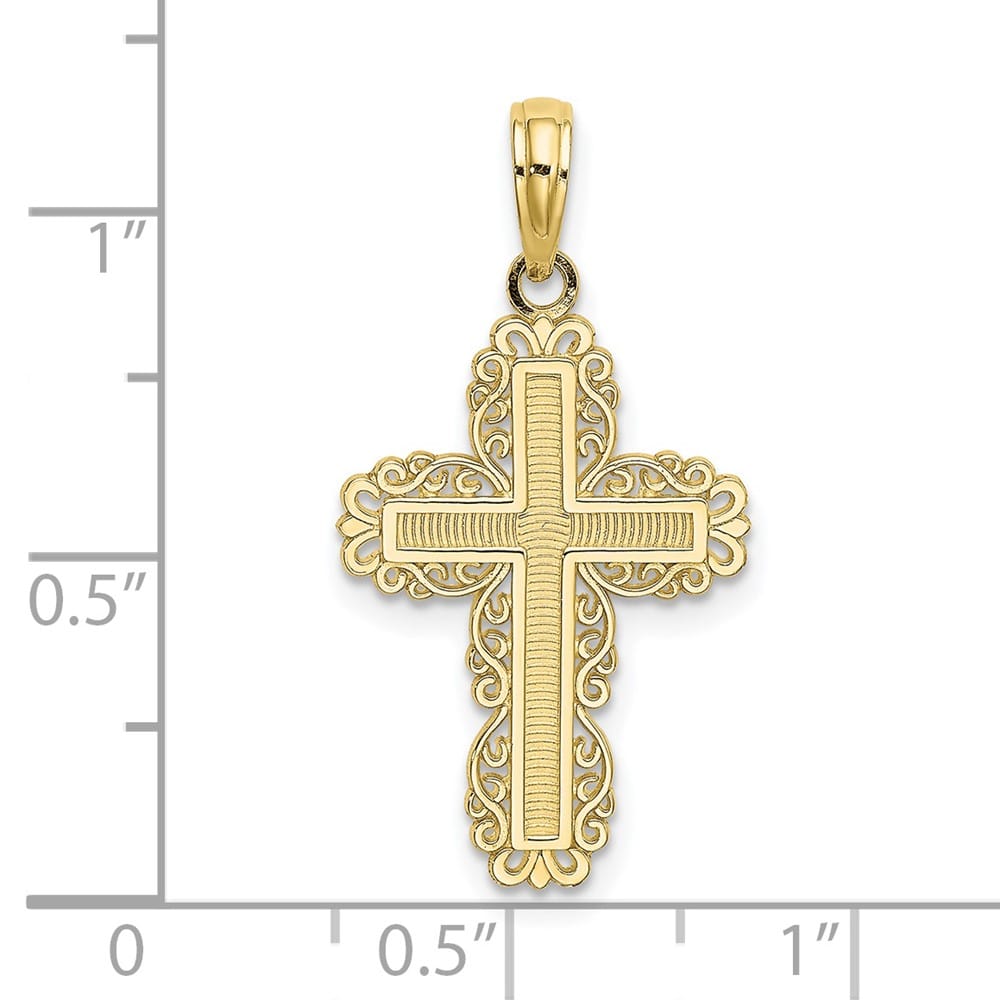 10K Yellow Gold Polished Textured Medium with Lace Trim Cross Charm