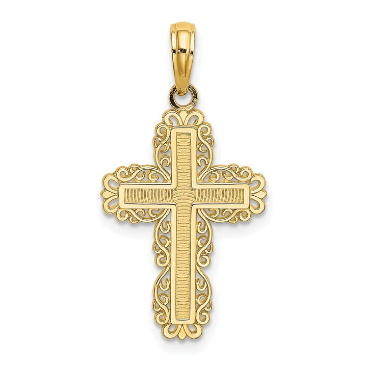 10K Yellow Gold Polished Textured Medium with Lace Trim Cross Charm