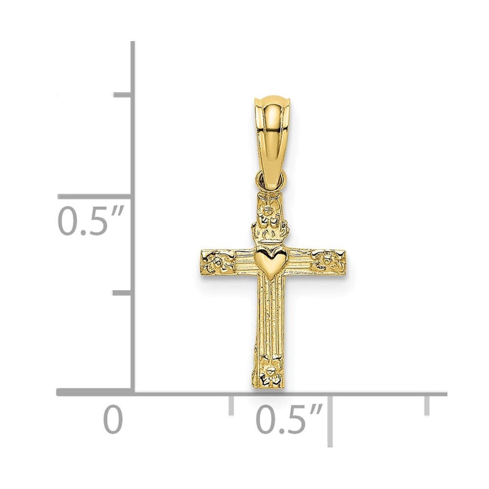 10K Yellow Gold Polished Textured Small Cross with Heart Center Charm