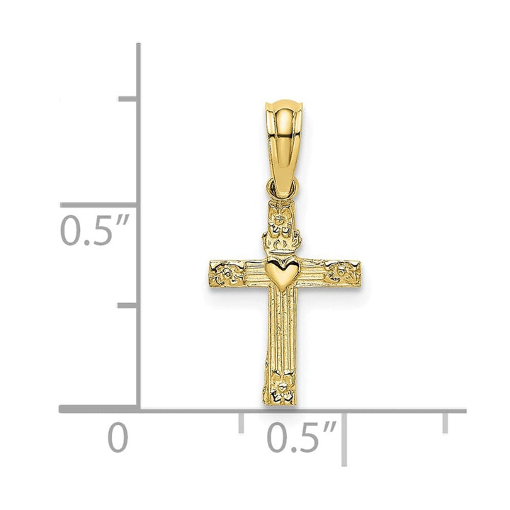 10K Yellow Gold Polished Textured Small Cross with Heart Center Charm