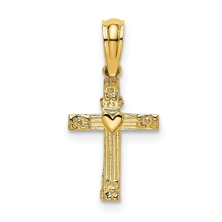 10K Yellow Gold Polished Textured Small Cross with Heart Center Charm