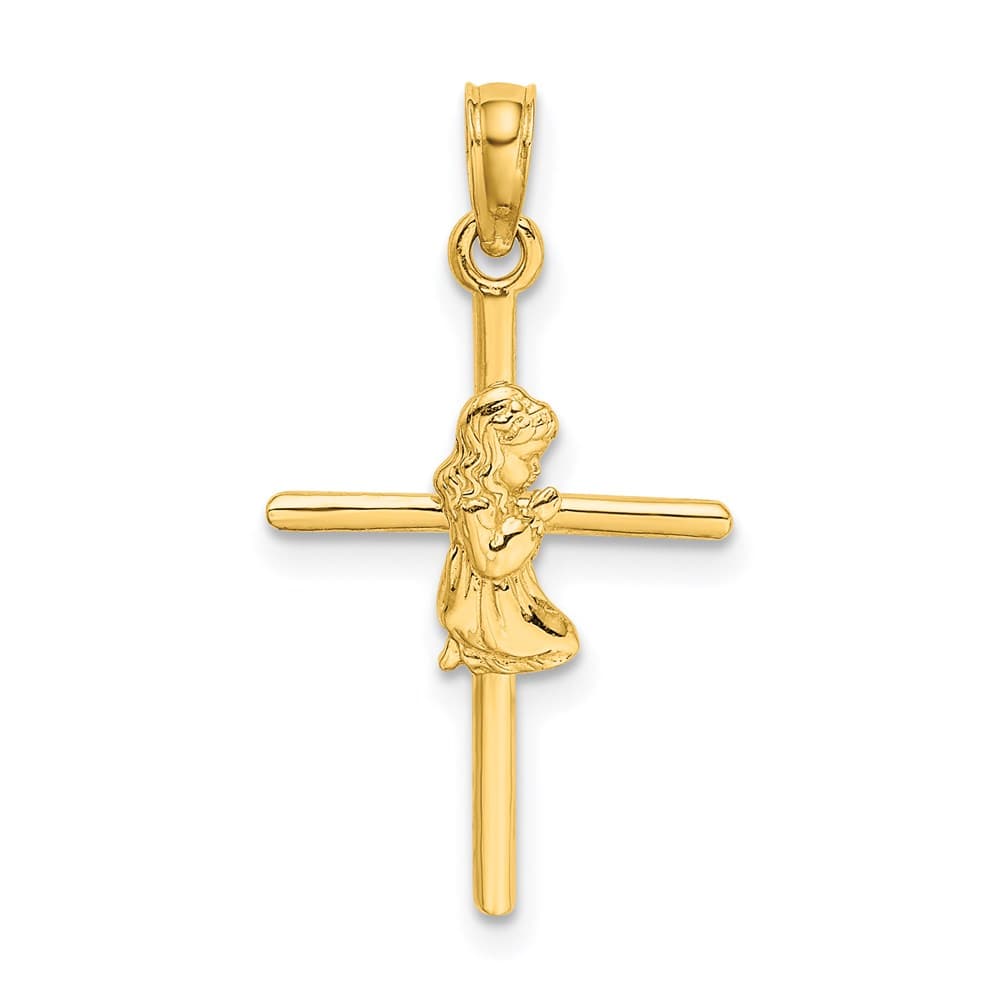 10K Yellow Gold Praying Girl on Cross Charm
