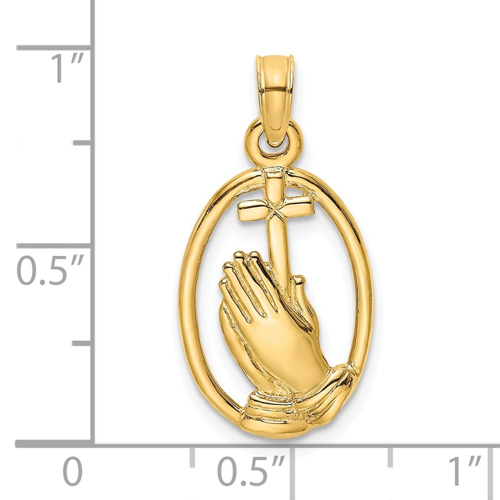 10K Yellow Gold Praying Hands and Cross In Oval Charm