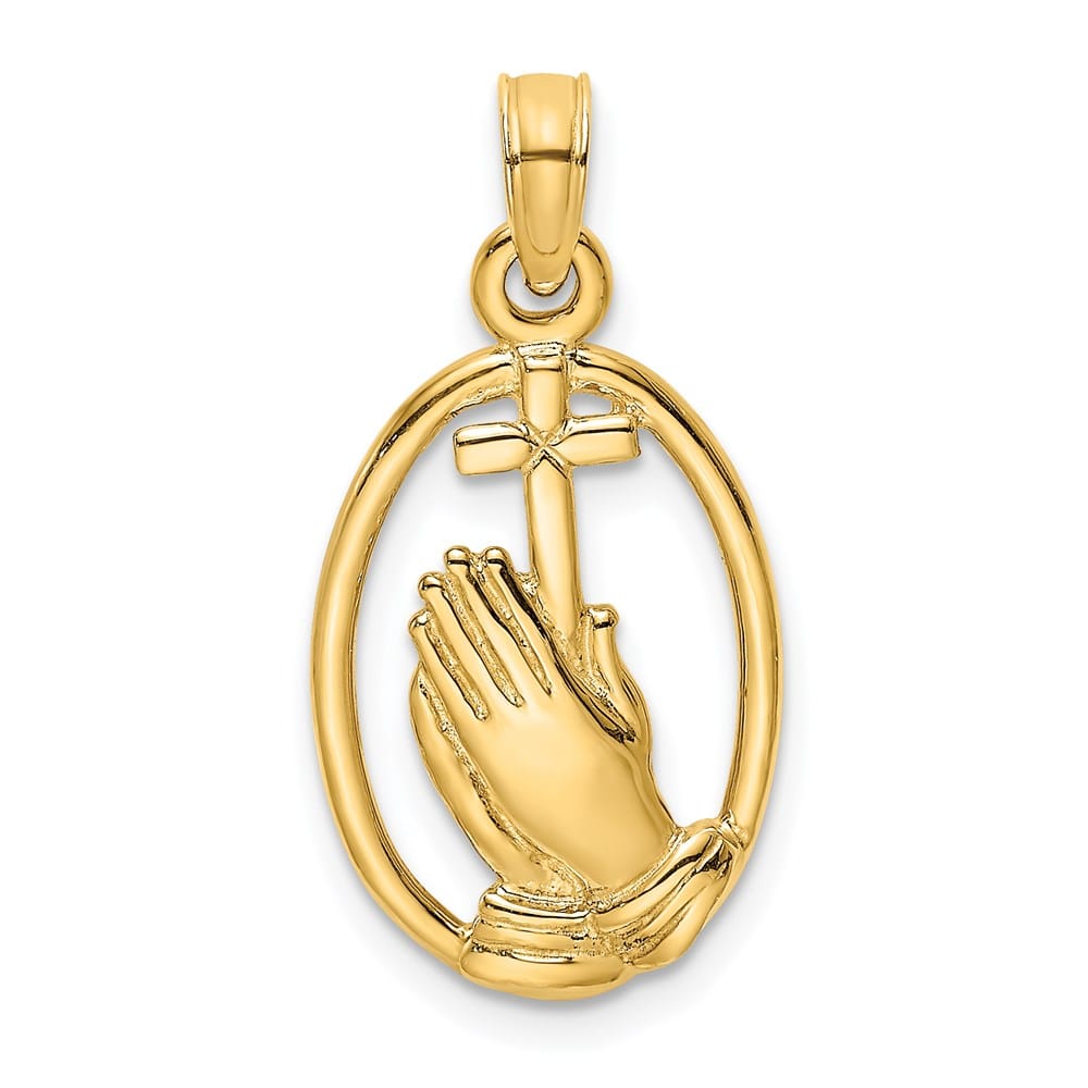 10K Yellow Gold Praying Hands and Cross In Oval Charm