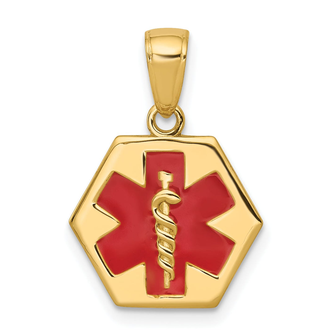 10K Yellow Gold Red Enameled Medical Symbol 14x15mm Hexagon Pendant