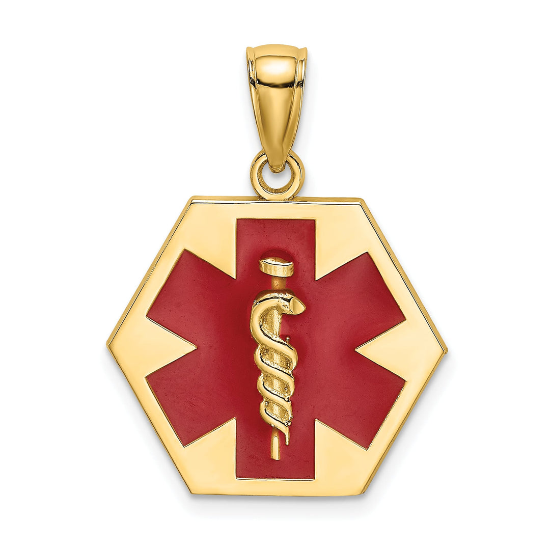10K Yellow Gold Red Enameled Medical Symbol 16x18mm Hexagon Pendant