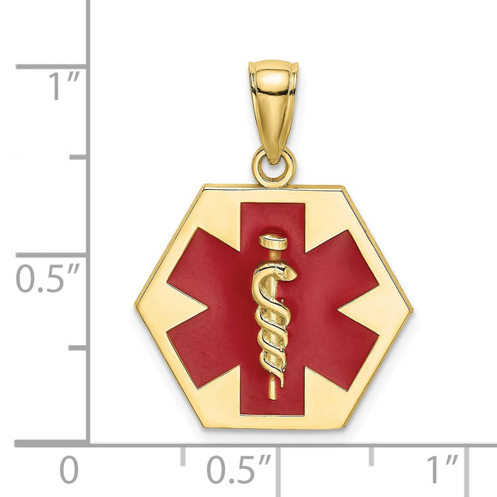 10K Yellow Gold Red Enameled Medical Symbol 16x18mm Hexagon Pendant