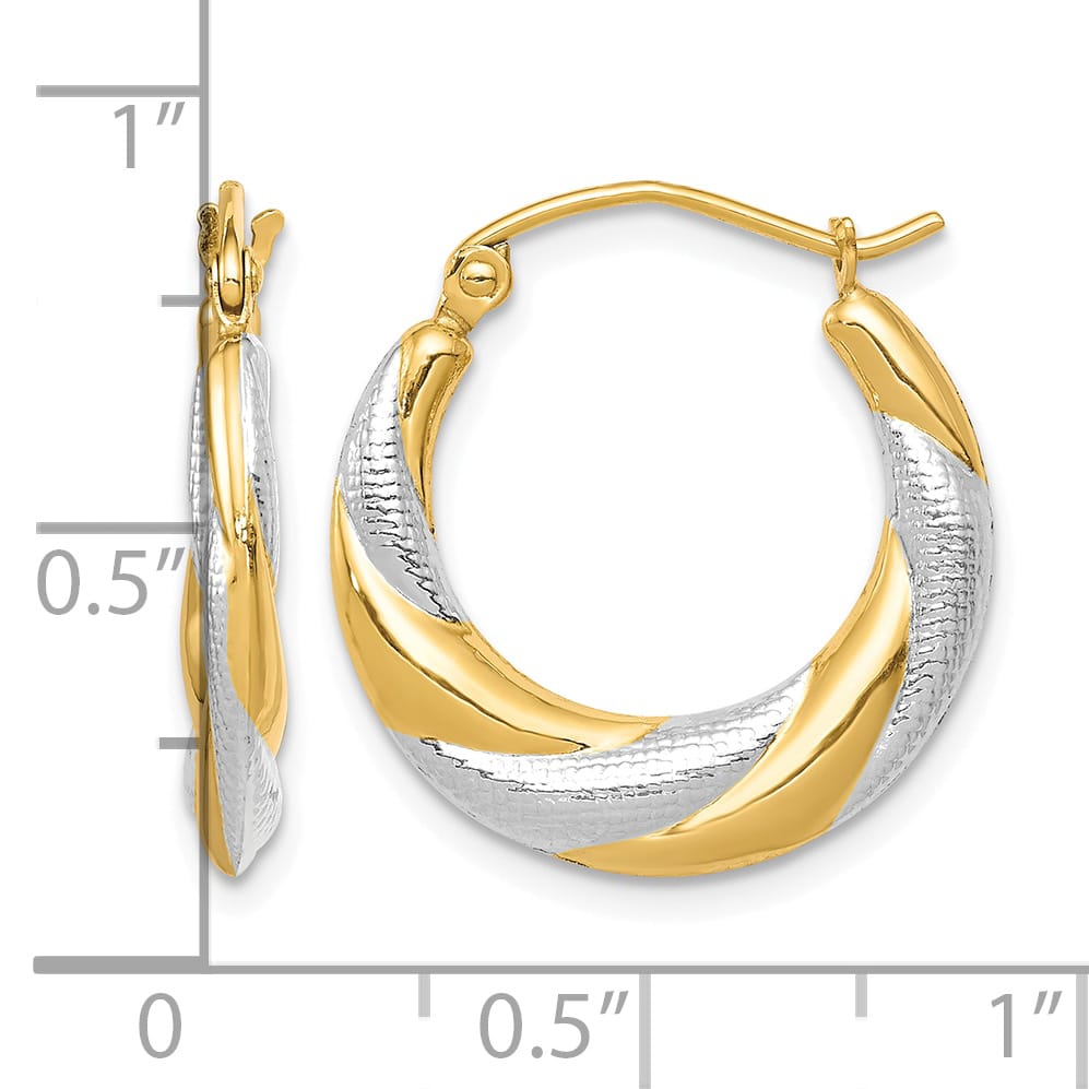 10k Yellow Gold & Rhodium Twist Hollow Hoop Earrings